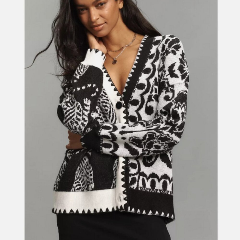 Farm Rio Anthropologie Tiger Cardigan Sweater Oversize Black White Size L NWT